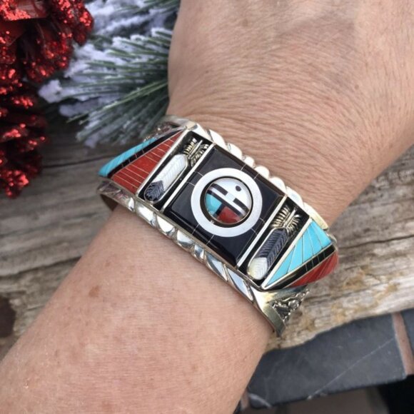 Don Dewa Zuni Sterling Silver Multi-stone SunFace Cuff Bracelet - Picture 6 of 9